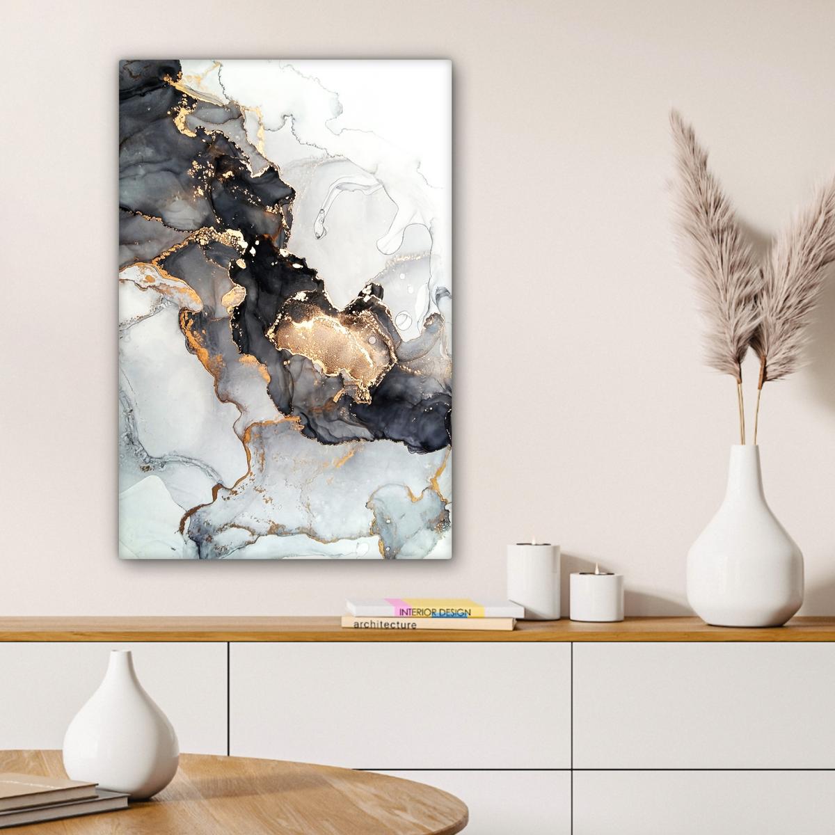 LEINWANDBILD Marmor - Schwarz - Weiß - Gold - Luxus - Abstrakt Wanddeko Schlafzimmer 60x90 cm - Goldfarben, Textil (60/90cm) - MuchoWow