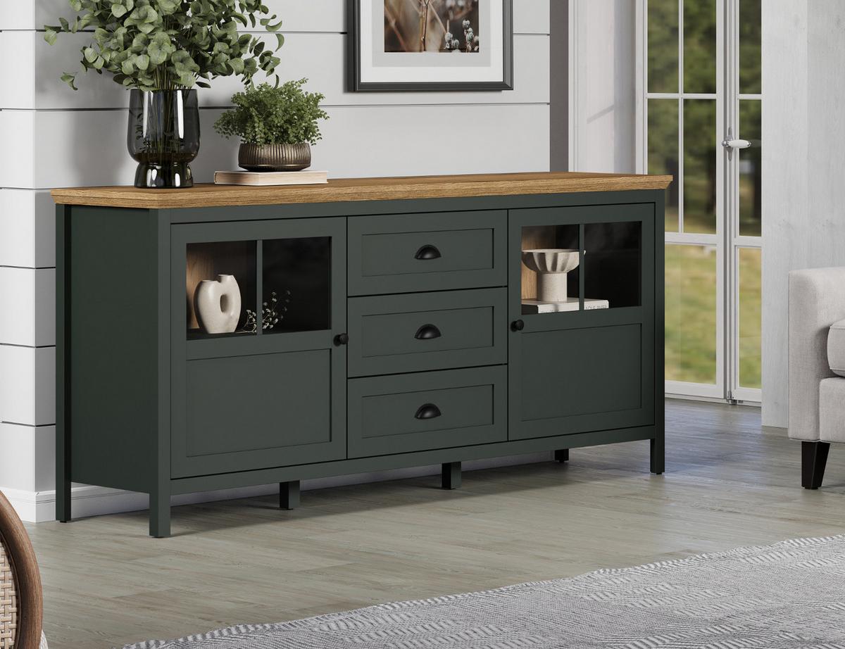 SIDEBOARD grün, Evoke Eiche Landhaus 185 x 86 cm, Kommode inklusive LED Beleuchtung - Eichefarben/Schwarz, Glas/Holzwerkstoff (185/86/45cm) - Top.Furn