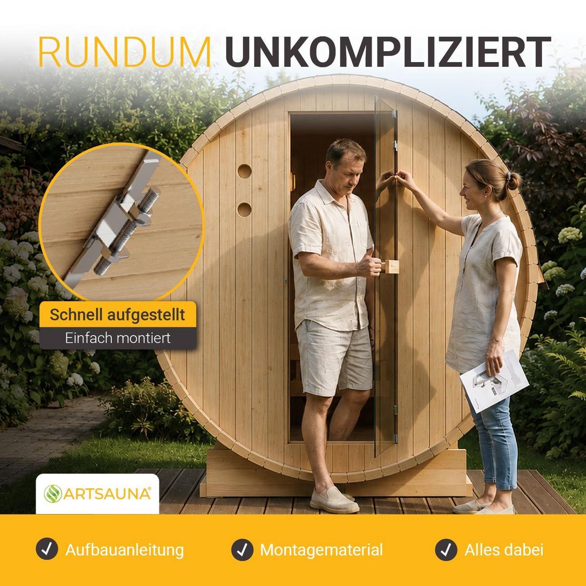 FASSSAUNA Spitzbergen 180 cm mit 6 kW Saunaofen (4 Personen) - Naturfarben, Holz (191/193/180cm) - Artsauna