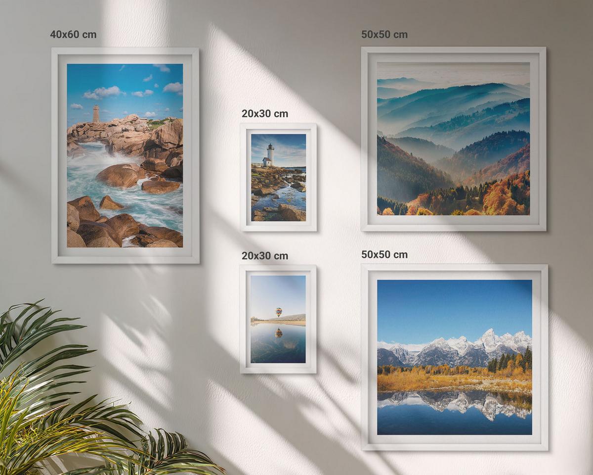 BILDER SET 5er Set - 50x50 cm & 20x30 cm & 40x60 cm Weißer Rahmen - Ausblicke auf die Natur, Leuchtturm, Berge - Weiß, Kunststoff (40/60cm) - TULUP