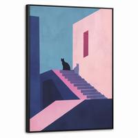 LEINWAND Bilder mit Rahmen - Katze - Treppe - Gebäude - Schattenkontraste - 70x100 - Dunkelblau, Textil (70/100cm) - MuchoWow