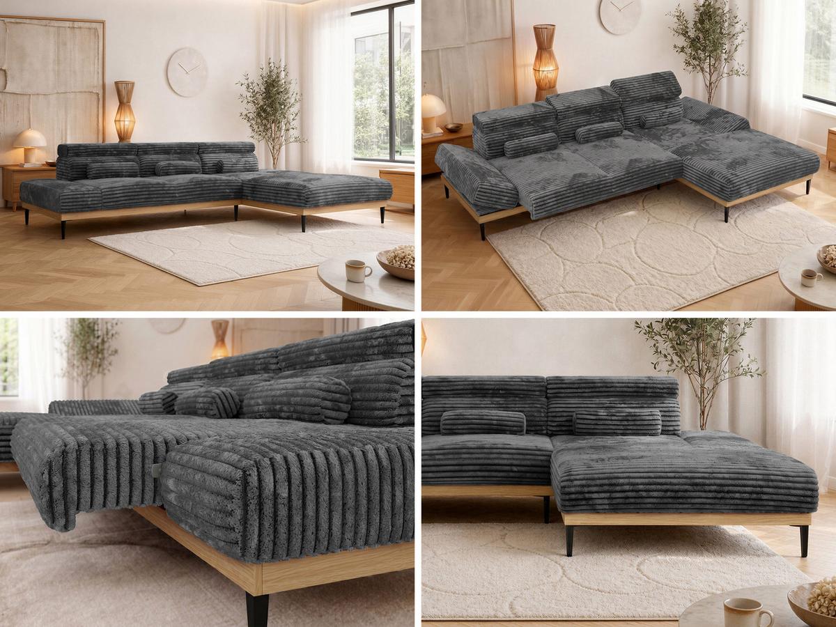 ECKSOFA PAVERO L - Grau Cord - Rechts Seite - Schwarz/Grau, Textil/Metall (316/205cm) - MKS