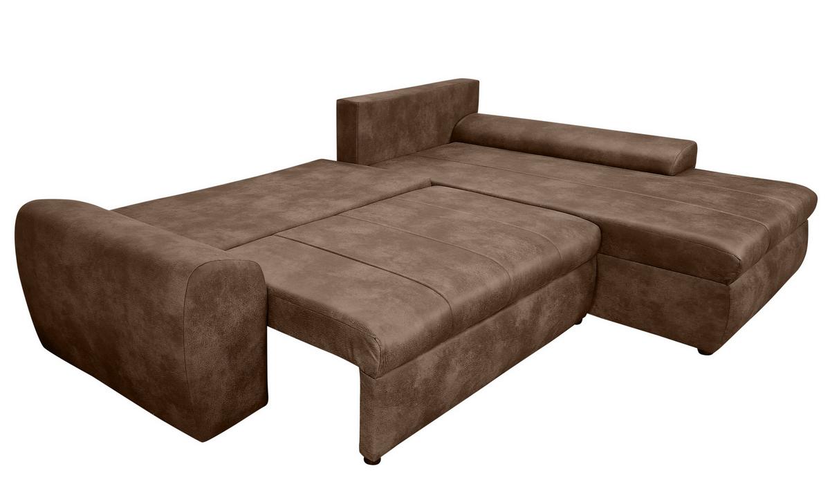 ECKSOFA mit Schlaffunktion, Bettkasten, Wellenunterfederung, Ottomane rechts B266/T186/H90 cm, Mikrofaser Leder-Optik Vintage Braun / 18011 - Schwarz/Braun, Kunststoff/Textil (266/186cm) - luma-home