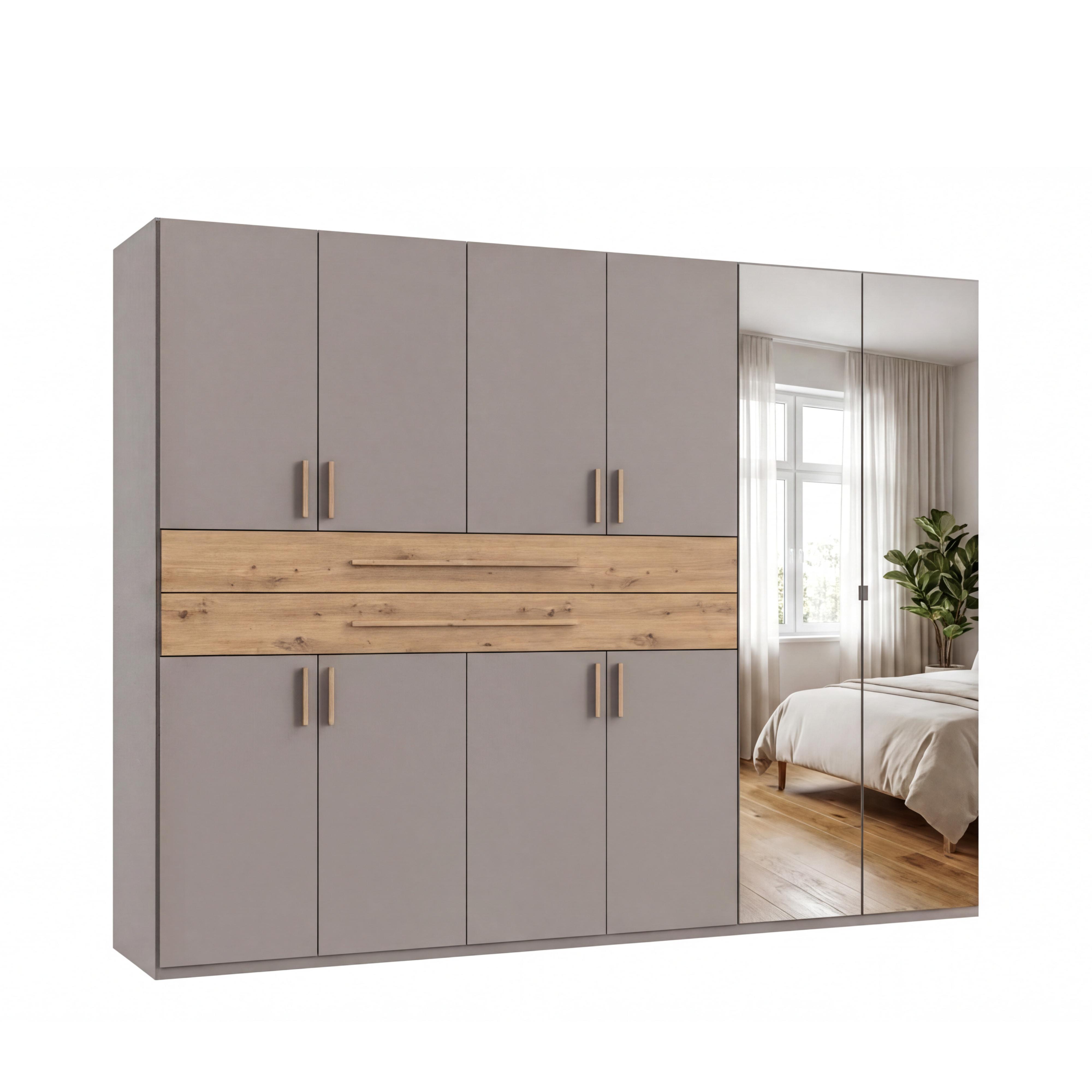 DREHTÜRENSCHRANK B270/H208/T58 cm Sandgrau, Kleiderschrank mit 2 Spiegeltüren, 2 großen Schubkästen & Griffen in Eiche Artisan Dekor / 22647 - Sandfarben/Eiche Artisan, Holzwerkstoff/Kunststoff (270/208/58cm) - luma-home