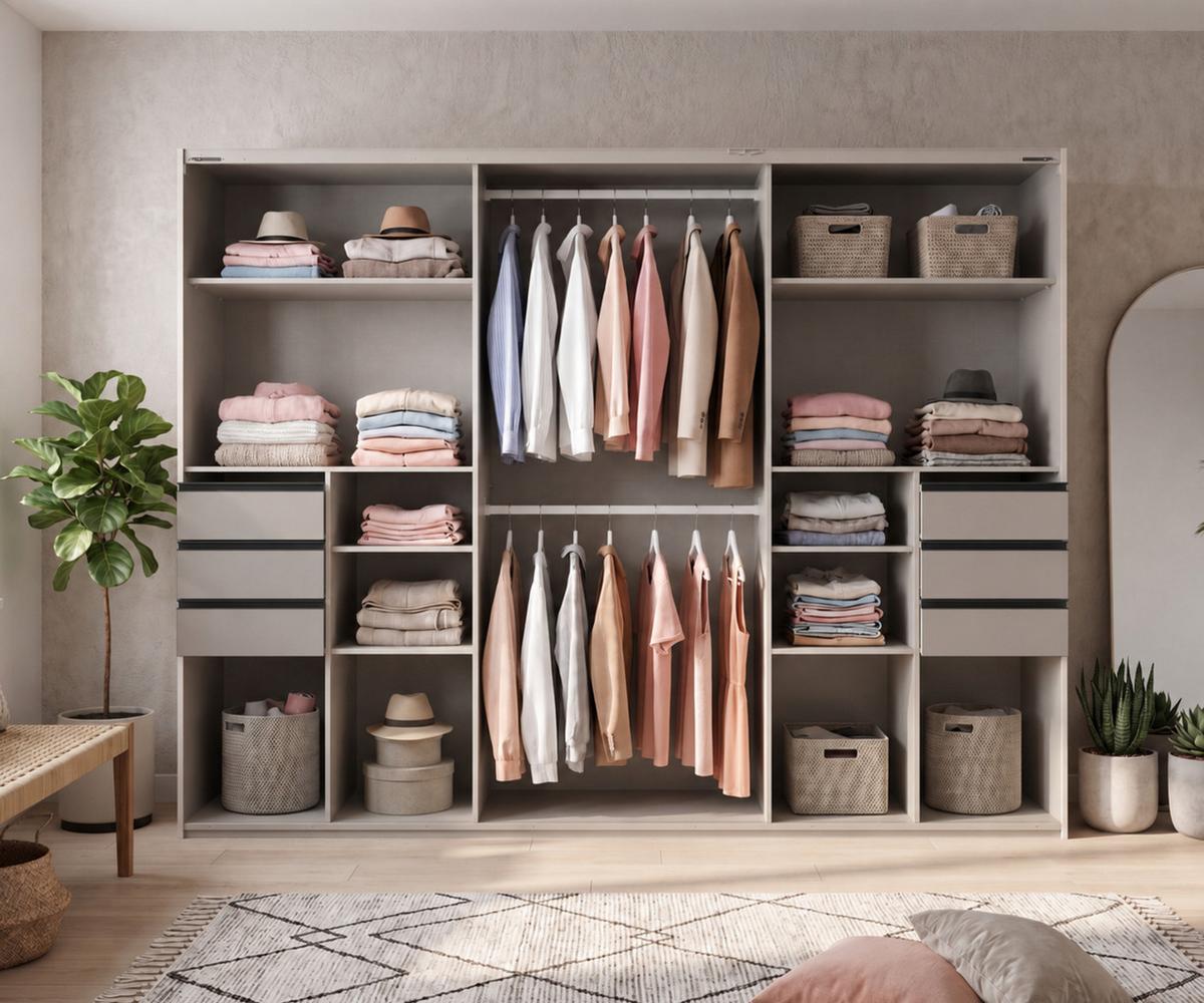 SCHWEBETÜRENSCHRANK 3-türig B273/H213/T64 cm, Sandgrau/Spiegel, Passepartout-Kleiderschrank mit Schubladen & Vollausstattung / 22621 - Sandfarben/Ecru, Holzwerkstoff/Metall (273/213/64cm) - luma-home