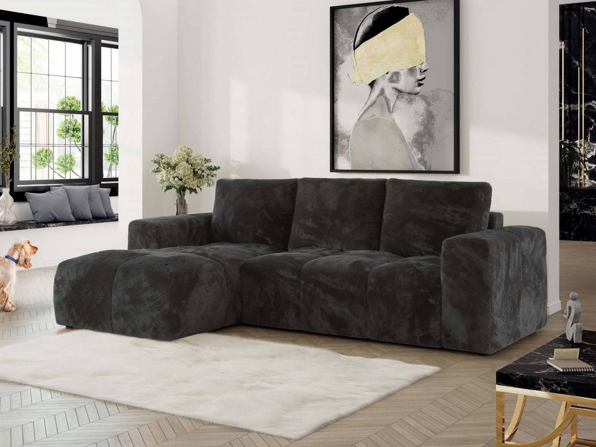 ECKSOFA MONIVA Dunkelgrau Plüsch - Links - Dunkelgrau/Schwarz, Textil (164/266cm) - MKS