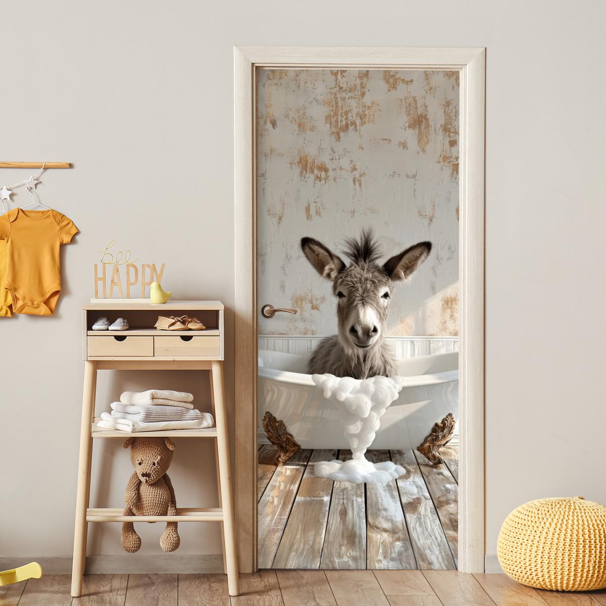 TÜRAUFKLEBER Esel - Tier - Vintage - Badewanne Room Decor 85x205 cm - Türtapete - Eichefarben, Kunststoff (85/0.1/205cm) - MuchoWow