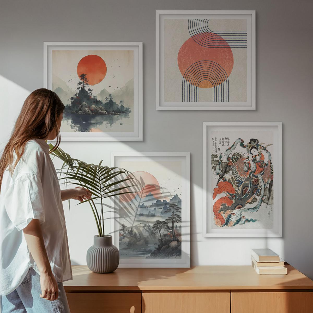 BILDER SET 4er Set - 50x50 cm & 40x60 cm Weißer Rahmen - Asiatische Landschaften Japandi - Weiß, Kunststoff (50/50cm) - TULUP