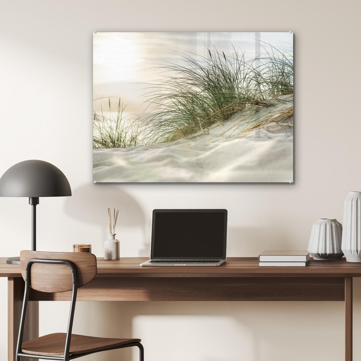 ACRYLGLASBILD Dünen mit Strandhafer in der Sonne des Nationalparks Schleswig-Holsteinisches Wattenmeer 80x60 cm - Creme, Glas (80/60cm) - MuchoWow