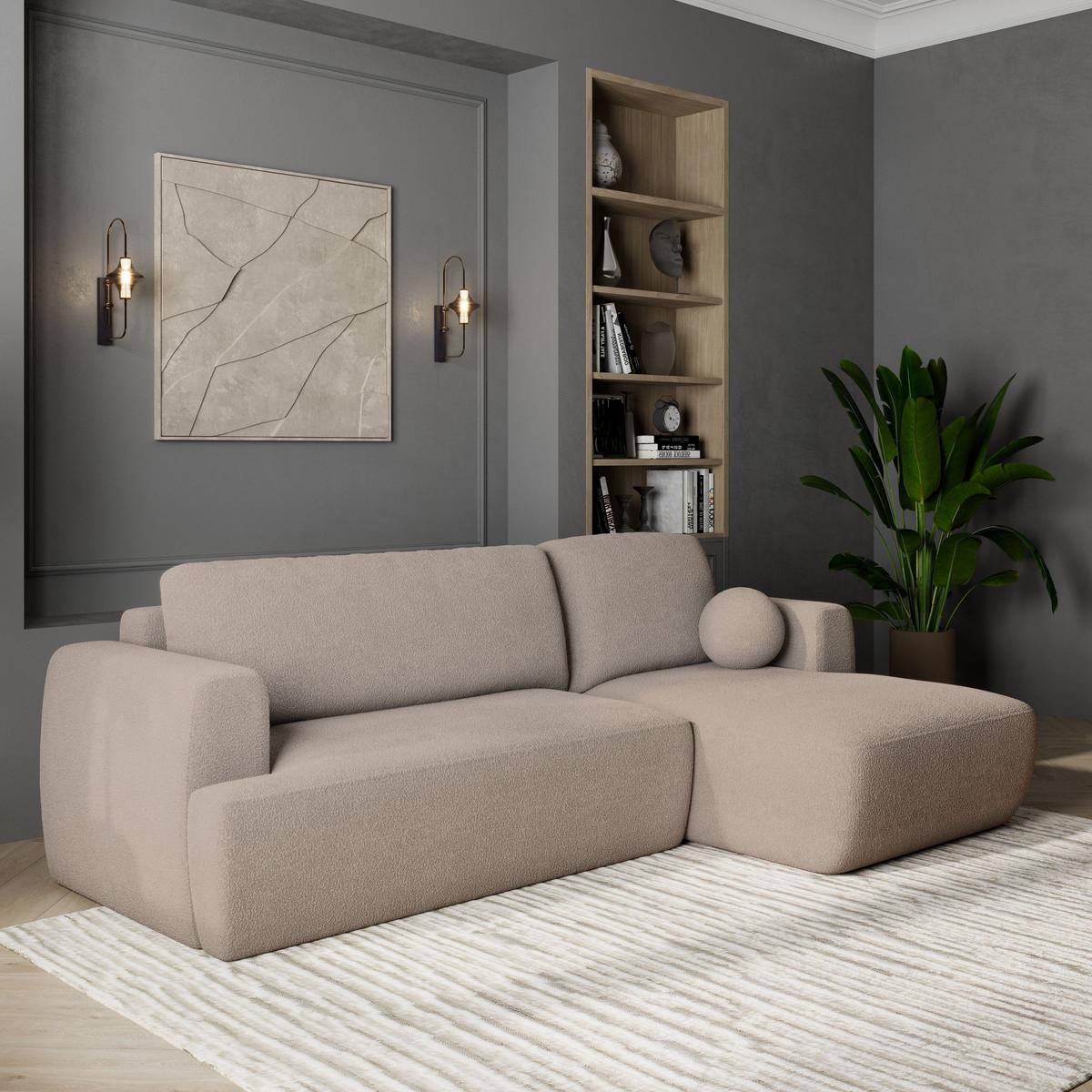 ECKSOFA SENTI N R-S Beige Boucle-Stoff mit Schlaffunktion - Beige/Schwarz, Holz/Kunststoff (246/148cm) - MASSENO