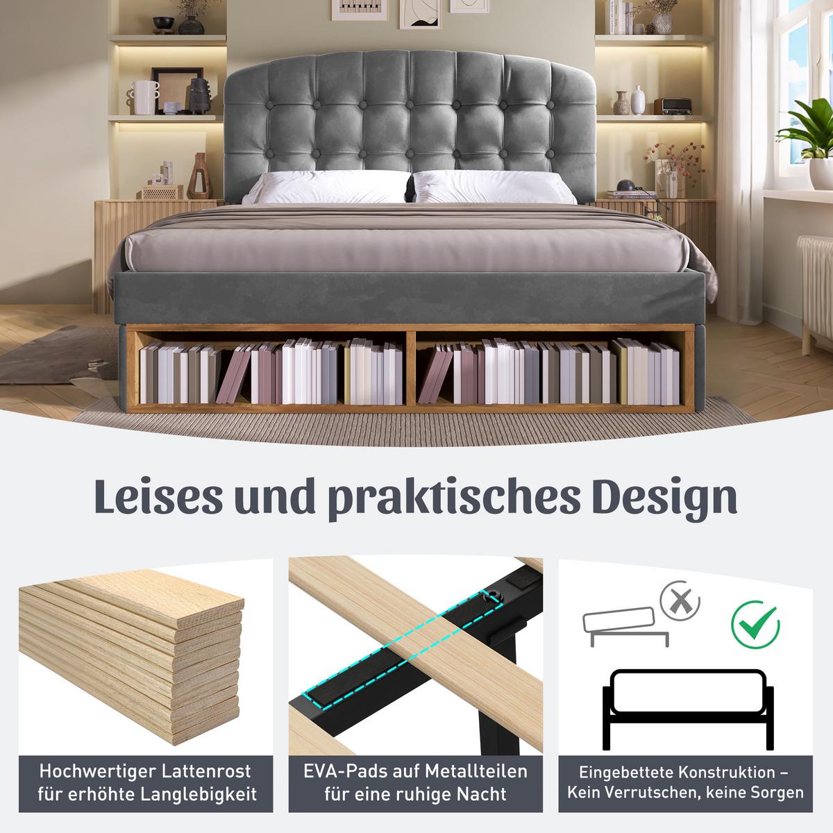 POLSTERBETT Samt Grau 140x200 mit Stauraum und verstellbarem Kopfteil - Grau, Textil (140/200cm) - Urban Meuble