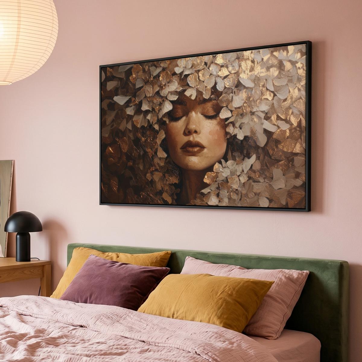 LEINWAND Bilder mit Rahmen - Gesicht - Dame - Blätter - Pinselstriche - 140x90 - Goldfarben, Textil (140/90cm) - MuchoWow