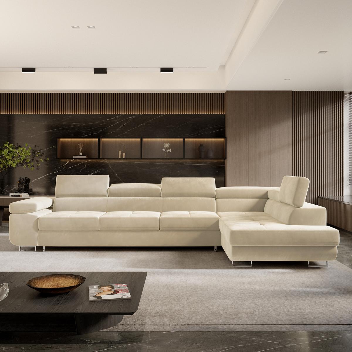 ECKSOFA VICENTE Creme Velours-Stoff mit Schlaffunktion - Creme, Holz (346/202cm) - MASSENO