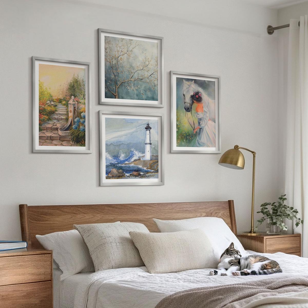 BILDER SET 4er Set - 50x50 cm & 40x60 cm Silberner Rahmen - Leuchtturm, Landschaft, Mädchen, Pferd - Silberfarben, Kunststoff (50/50cm) - TULUP