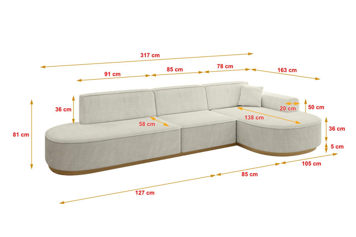 ECKSOFA Ottomane Rechts MARI-L2-v2 - 328x171x83 cm Creme Cord - Hellgrau/Creme, Holzwerkstoff/Textil (171/328cm) - ALTDECOR