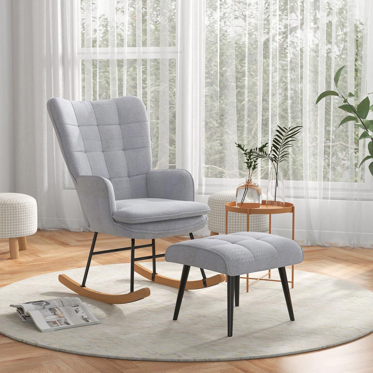 SCHAUKELSTUHL Schwingsessel mit Hocker Armlehnsessel Relaxsessel mit Leinenoptik - Hellgrau/Schwarz, Buchenholz/Textil (89/90/64cm) - HOMCOM