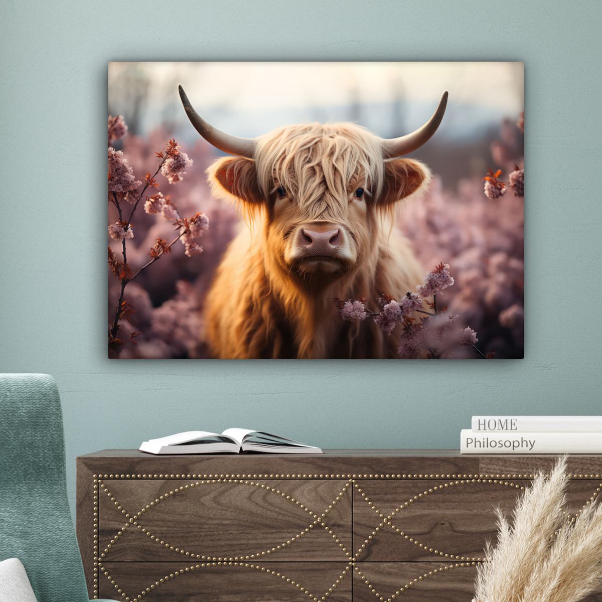 LEINWANDBILD Schottischer Hochländer - Frühling - Hochland Wandbilder 80x60 cm - Hellrosa, Textil (80/60cm) - MuchoWow