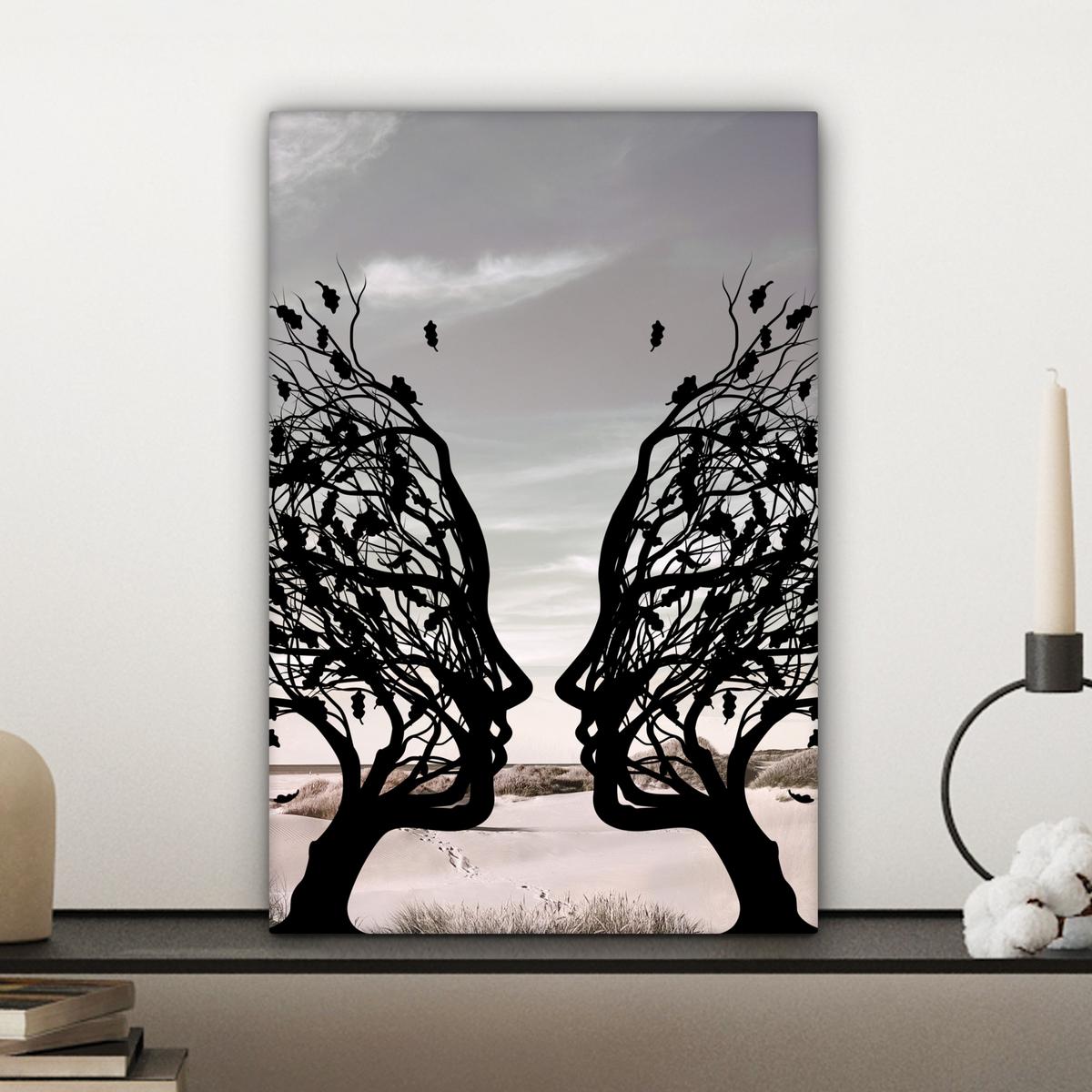 LEINWANDBILD Strand - Meer - Menschen - Baum - Moderne Kunst Deko Wohnzimmer 20x30 cm - Hellgrau, Textil (20/30cm) - MuchoWow