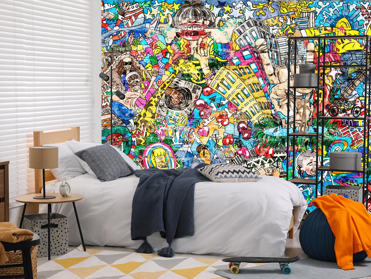 FOTOTAPETE für Jugendzimmer Buntes Graffiti Streetart Bunt 250x175 - Türkis/Gelb, Papier (250/175cm) - Muralo