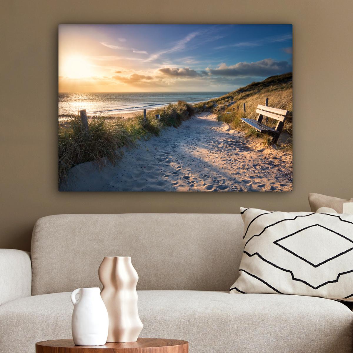 LEINWANDBILD Sonnenuntergang - Strand - Düne - Gras - Ufer Wandbilder 80x60 cm - Sandfarben, Textil (80/60cm) - MuchoWow