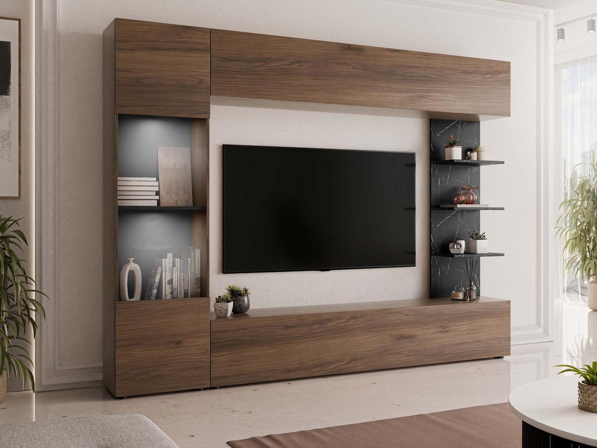 WOHNWAND Lazando, mit weißer LED Beleuchtung - Nussbaumfarben/Schwarz, Holzwerkstoff (250/187/30cm) - MIRJAN24