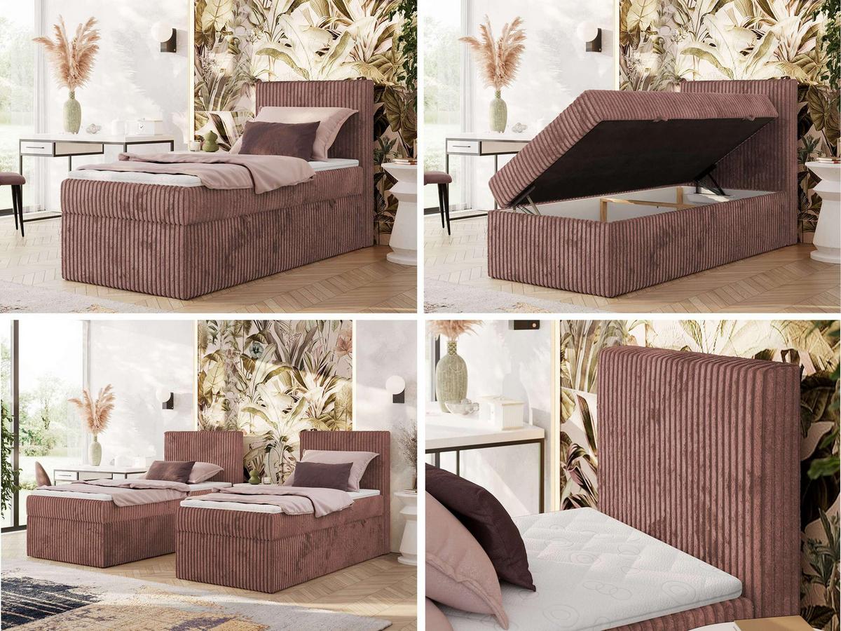 BOXBETT TILIANO 90/200 - Rosa Cord - H3 - Visco Topper - Rechts - Rosa, Textil (90/200cm) - MKS