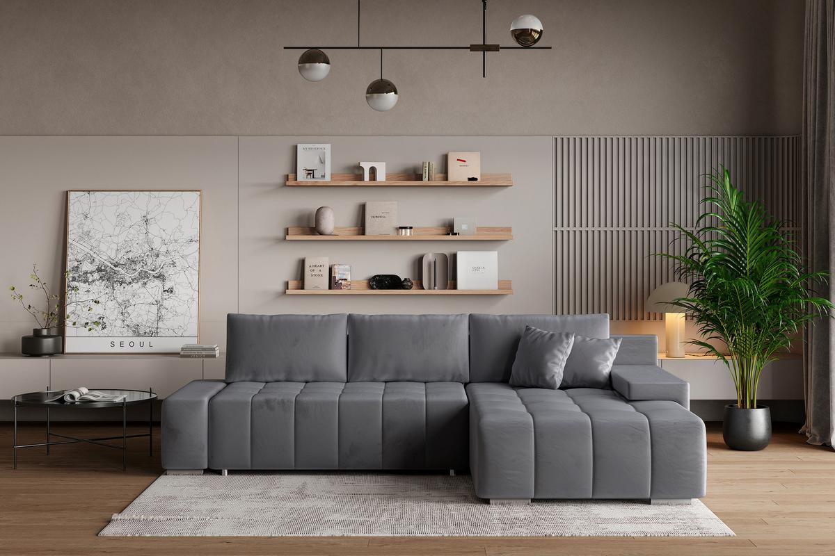 ECKSOFA ALESE R-S Grau Velours-Stoff mit Schlaffunktion - Silberfarben/Grau, Holz/Textil (265/185cm) - MASSENO