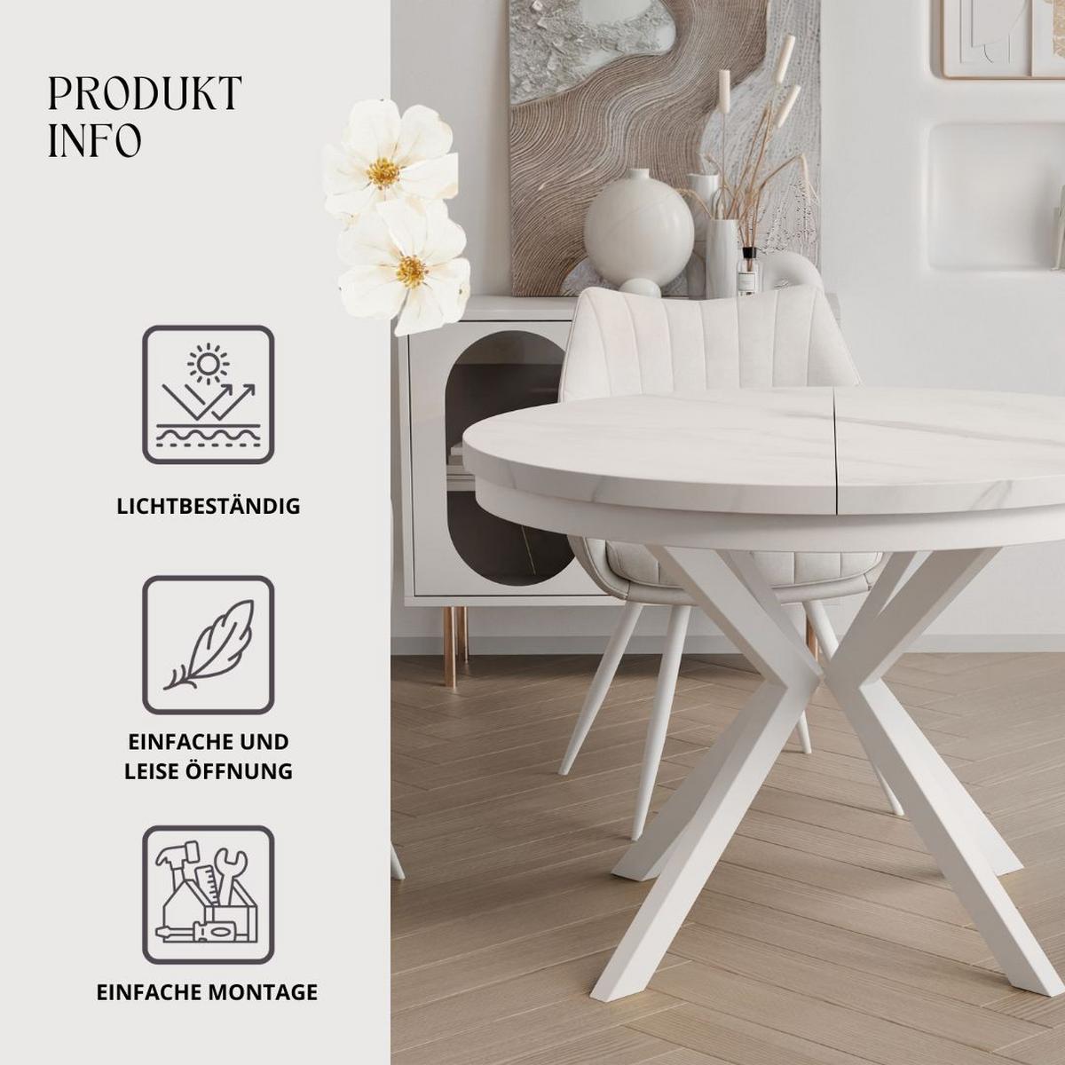 AUSZIEHTISCH MILTON 90-166/76 cm mit Metallgestell und Zarge, Weiß / Bianco Marmor - Perlmutt/Weiß, Holzwerkstoff/Metall (90/90/76cm) - Idohome