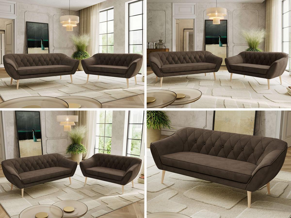 SITZGARNITUR PIRS 3+2 - Braun Velvet - Holzbeine - Dunkelbraun/Buchefarben, Holzwerkstoff/Textil (180/75/74cm) - MKS