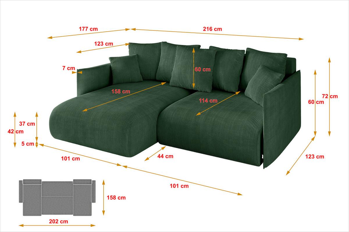 ECKSOFA Ottomane rechts ONESK-L 216x177x72 Grün Cord - Grün, Holzwerkstoff/Kunststoff (177/216cm) - ALTDECOR
