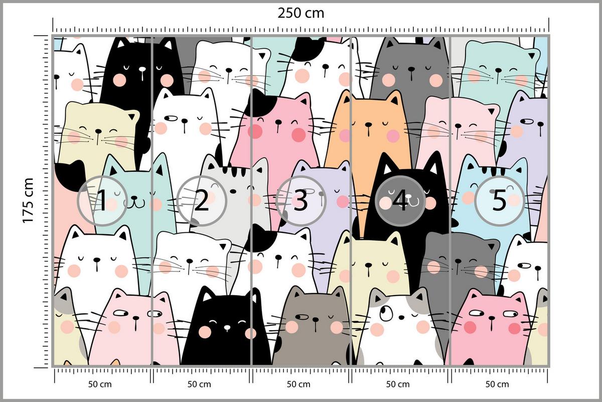 FOTOTAPETE für Kinderzimmer Bunte Katzen Cartoon Abstraktion 250x175 - Blau/Gelb, Papier (250/175cm) - Muralo
