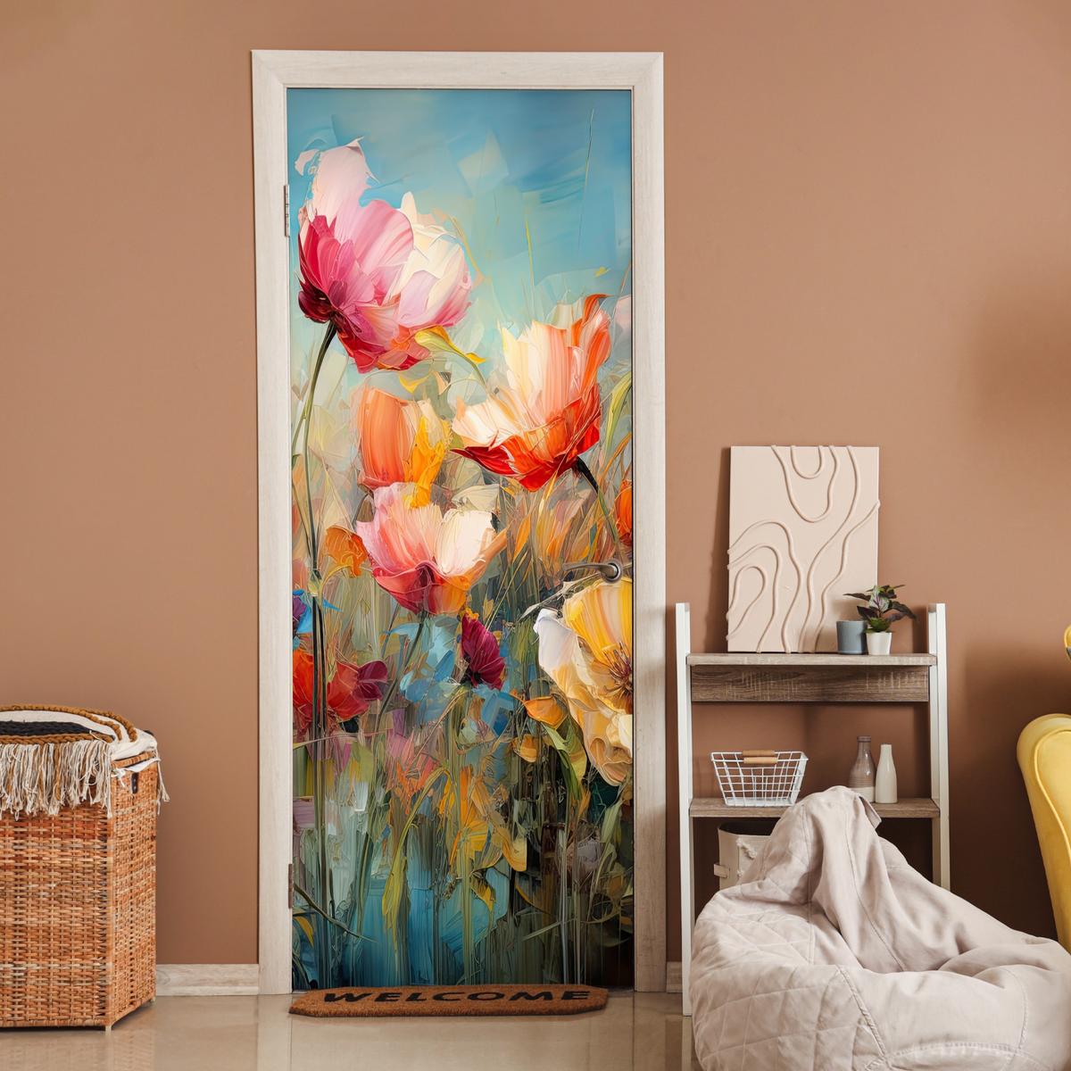 TÜRAUFKLEBER Selbstklebend - Blumen - Aquarell - Kunst - Botanisch - Natur 95x235 cm - Türtapete - Orange, Kunststoff (95/235cm) - MuchoWow