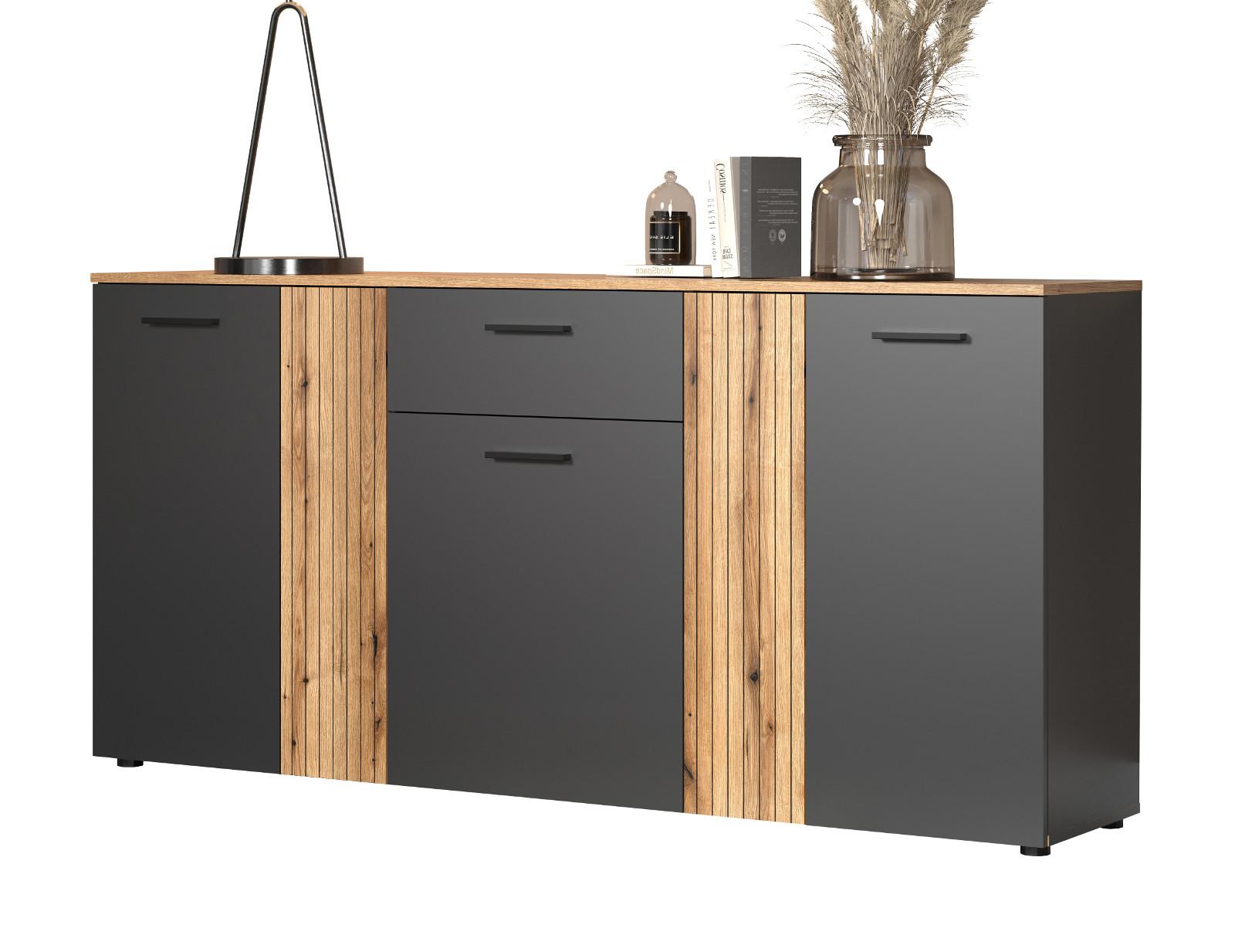 SIDEBOARD grau, Evoke Eiche 181 cm, Kommode mit viel Stauraum - Eichefarben/Anthrazit, Holzwerkstoff/Kunststoff (181/86/38cm) - Top.Furn
