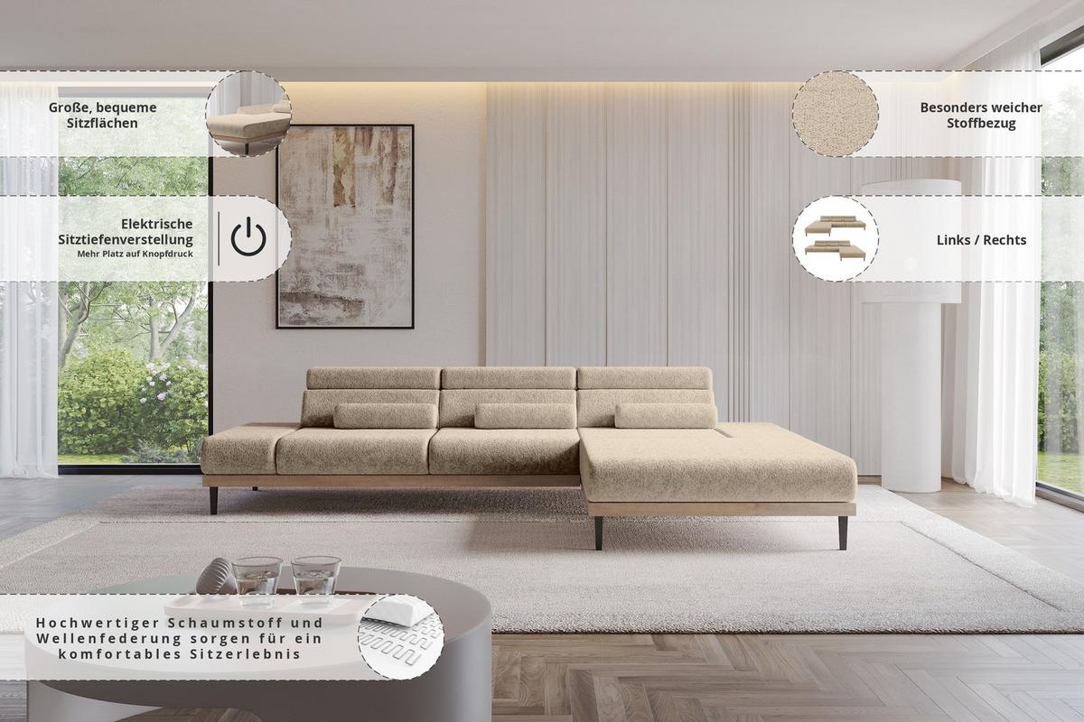 ELEKTRISCHES ECKSOFA Rechts MONA 316x205x85 Braun Velours - Braun, Holzwerkstoff/Textil (316/205cm) - ALTDECOR