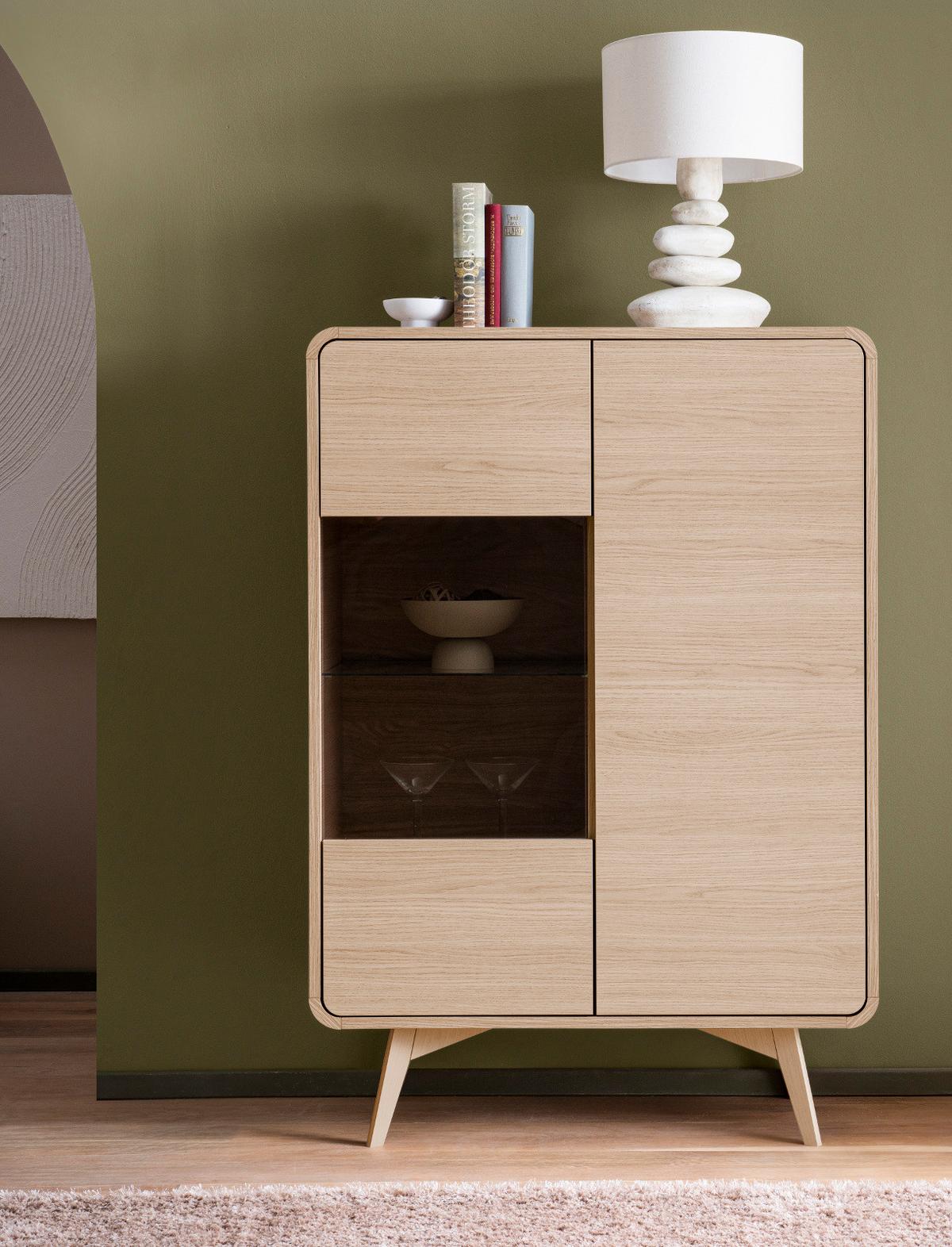 VITRINE Eiche natur skandinavisch 90 cm, Highboard mit Push-to-Open - Eichefarben, Glas/Holz (90/130/39cm) - Furn.Design