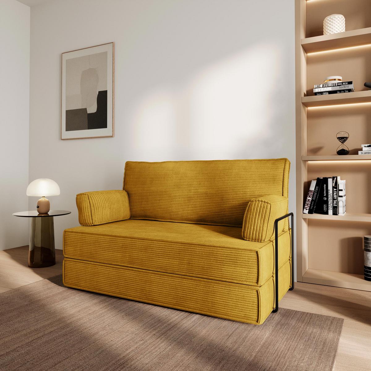 BETTSOFA LADIA aus Schaumstoff Kordstoff Gelb Schlaffunktion - Gelb, Textil (140/86/60cm) - MASSENO