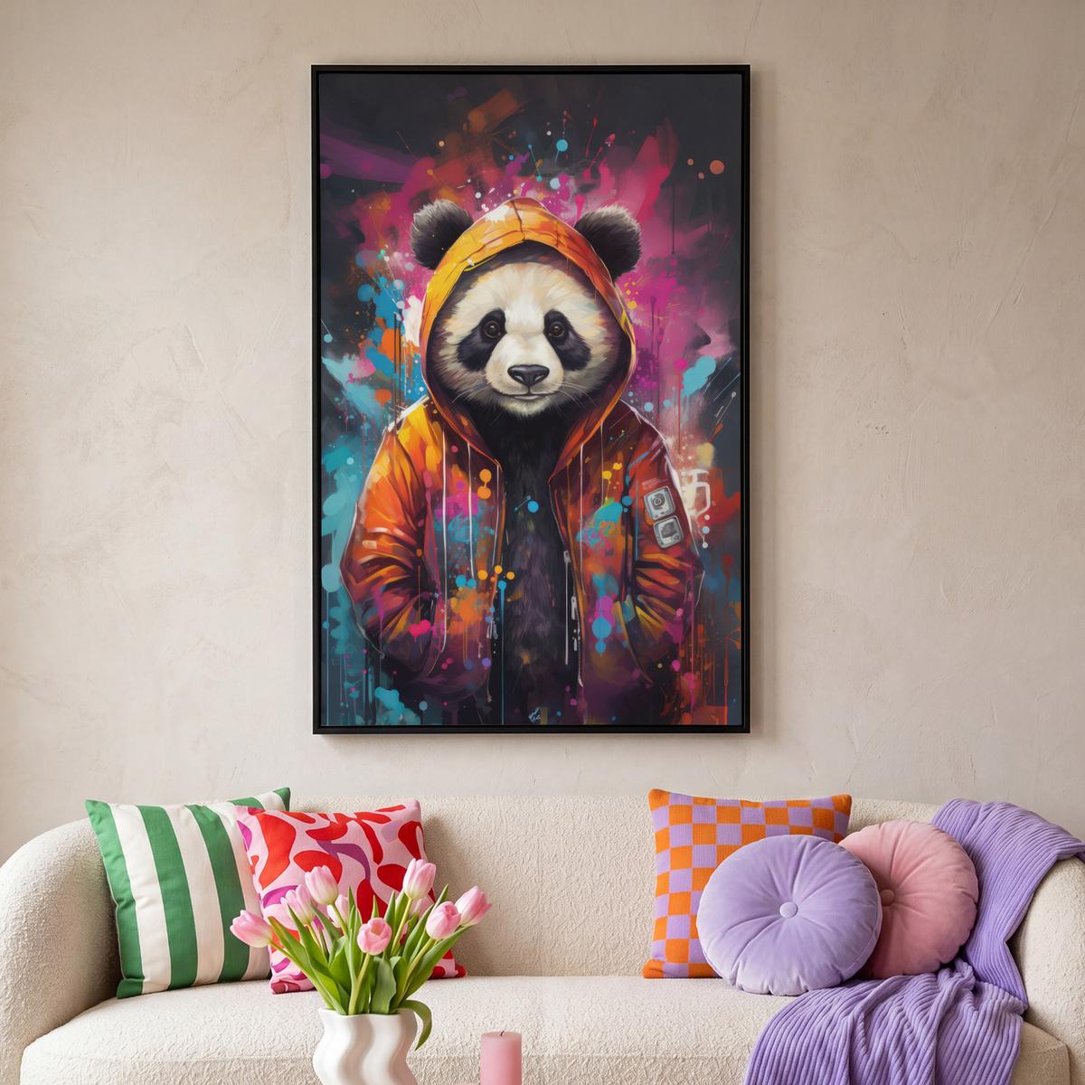 LEINWAND Bilder mit Rahmen - Panda - Jacke - Graffiti - Orange - 100x150 - Orange, Textil (100/150cm) - MuchoWow