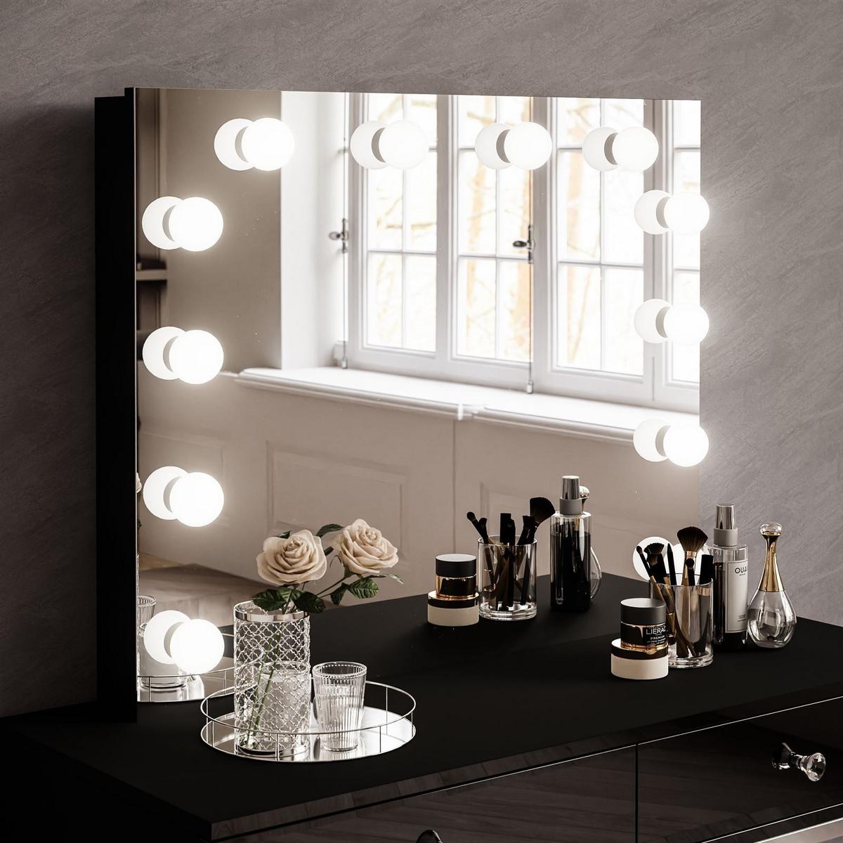 SCHMINKTISCH BLANCO GLAMOUR ELITE mit Spiegel und Beleuchtung Schwarz Hochglanz Kristallgriff - Weiß Hochglanz/Silberfarben, Holzwerkstoff (100/146/42cm) - Lookway