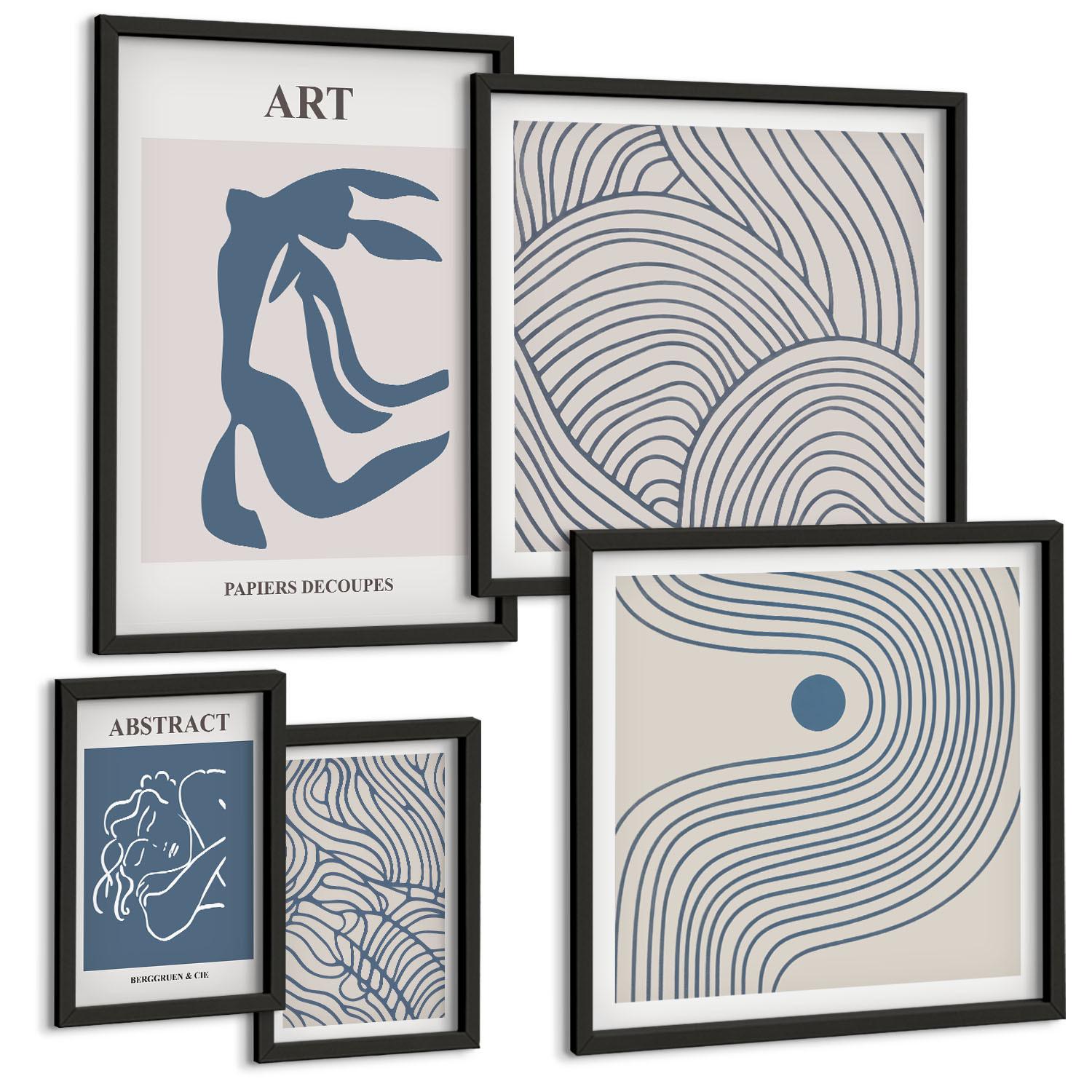 BILDER SET 5er Set - 50x50 cm & 20x30 cm & 40x60 cm Schwarzer Rahmen - Abstrakte blaue Linien - Schwarz, Kunststoff (40/60cm) - TULUP