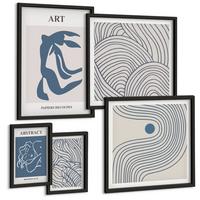BILDER SET 5er Set - 50x50 cm & 20x30 cm & 40x60 cm Schwarzer Rahmen - Abstrakte blaue Linien - Schwarz, Kunststoff (40/60cm) - TULUP