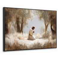 LEINWAND Bilder mit Rahmen - Jesus - Kniend - Waldlandschaft - Betend - 120x80 - Beige, Textil (120/80cm) - MuchoWow
