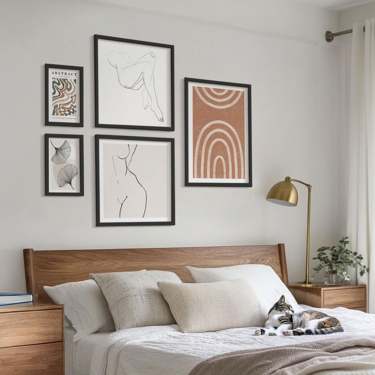 BILDER SET 5er Set - 50x50 cm & 20x30 cm & 40x60 cm Schwarzer Rahmen - Abstrakte Boho-Blattformen - Schwarz, Kunststoff (40/60cm) - TULUP