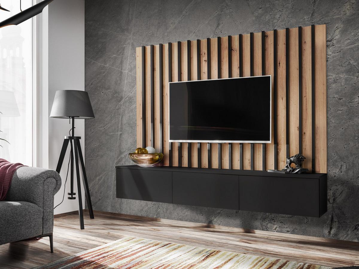 TV LOWBOARD schwarz, Artisan Eiche 180 cm, Set TV-Board inkl. Akustik Wandpanel, Push-to-Open - Schwarz/Eiche Artisan, Holzwerkstoff (180/148/35cm) - Furn.Design