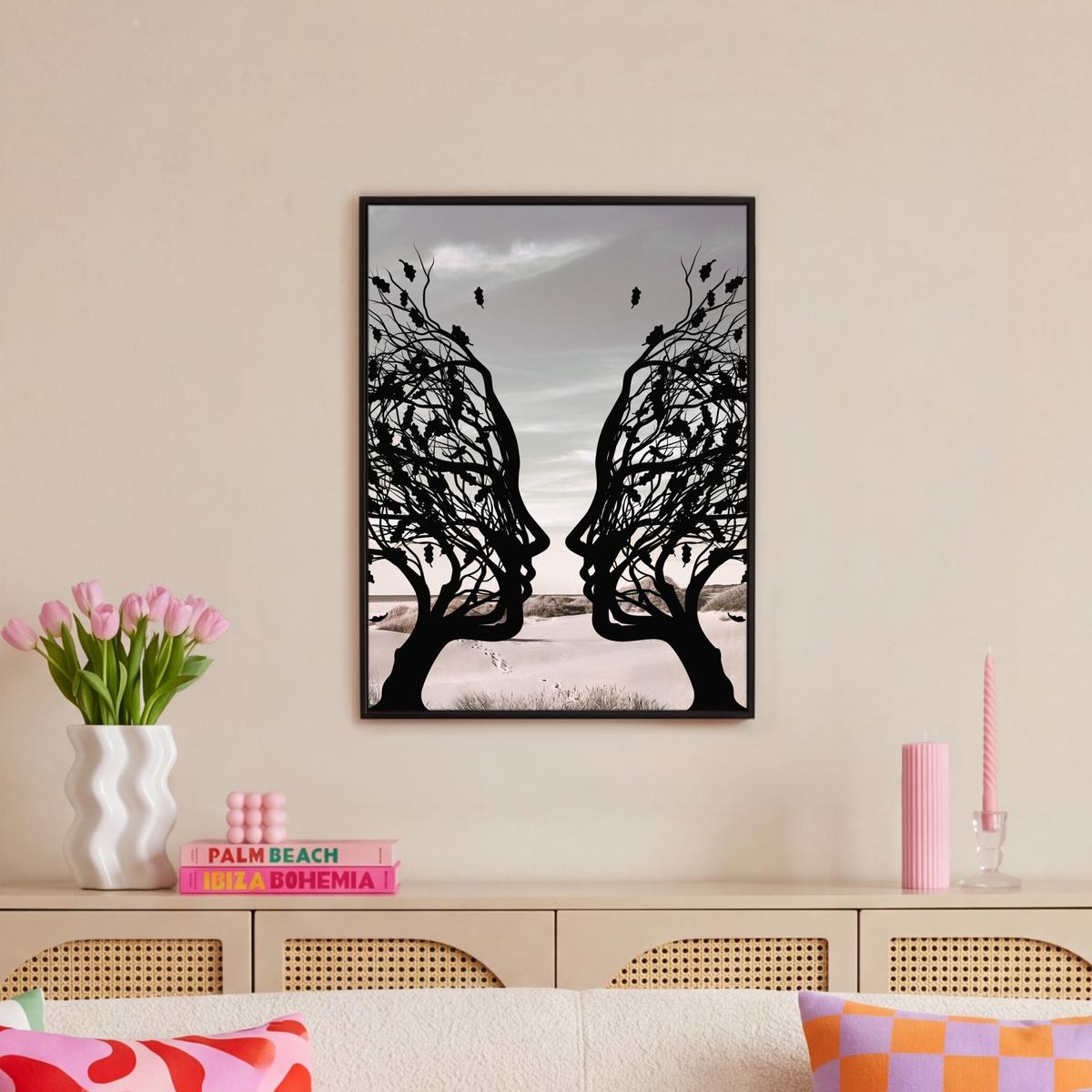 LEINWAND Bilder mit Rahmen - Strand - Meer - Menschen - Baum - Moderne Kunst - 50x70 - Hellgrau, Textil (50/70cm) - MuchoWow