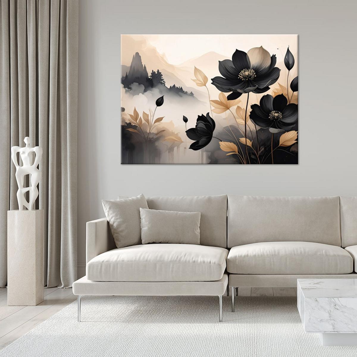 WANDBILD, Schwarze Blumen Landschaft in beige - Beige, Textil (45/30cm) - Feeby