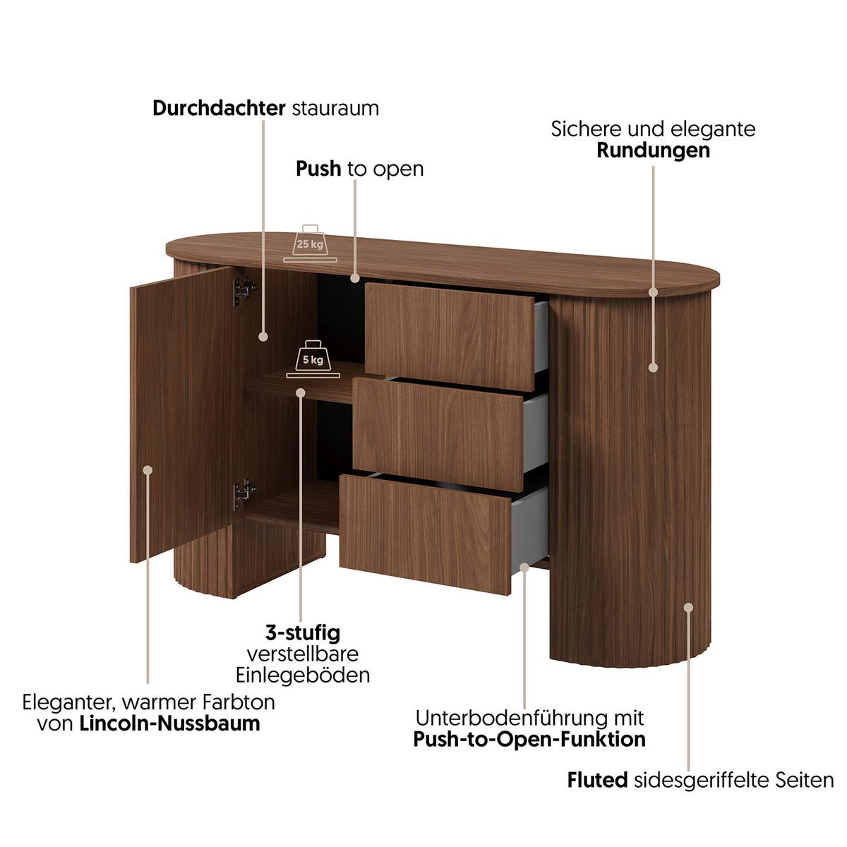 KOMMODE Carlo mit 1 Tür und 3 Schubladen, Push-To-Open, 140 cm, Walnuss - Walnussfarben, Holzwerkstoff (139/80/45cm) - Beautysofa