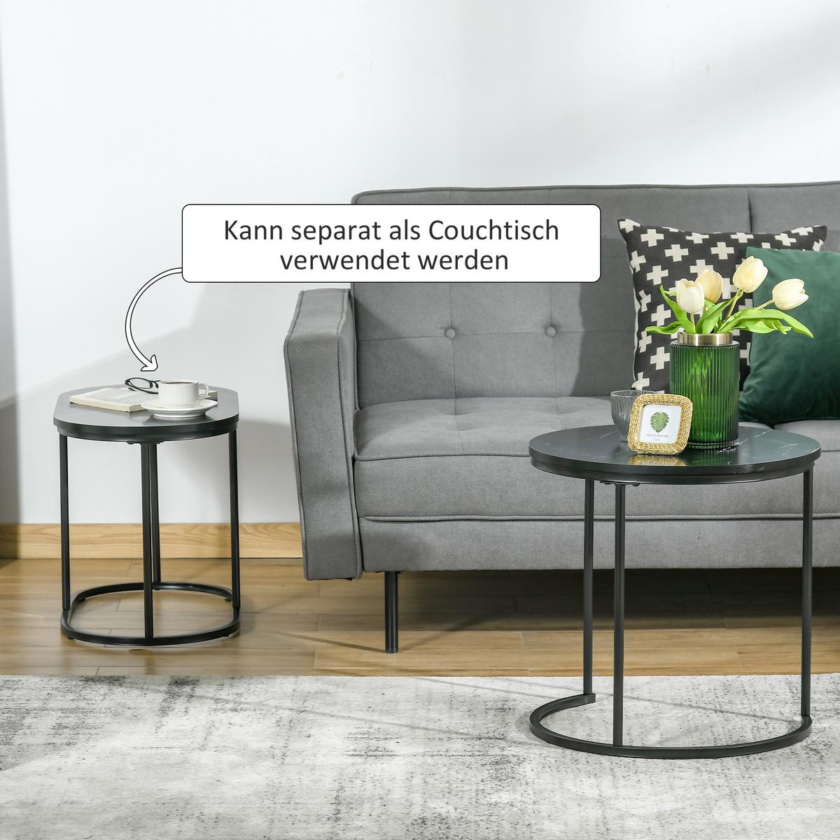 2ER Set Couchtisch Satztisch Rund mit Faux Marmor Seite bis 30 kg Stahl Schwarz - Schwarz, Metall (50/50/50.5cm) - HOMCOM
