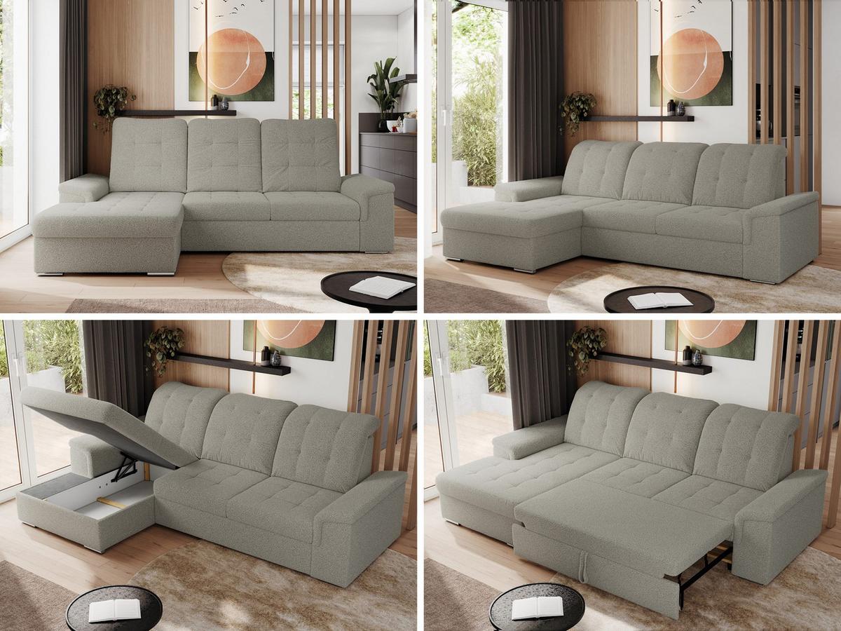 ECKSOFA MADRITO L - Hellgrau Boucle - Links - Silberfarben/Hellgrau, Textil/Metall (160/256cm)