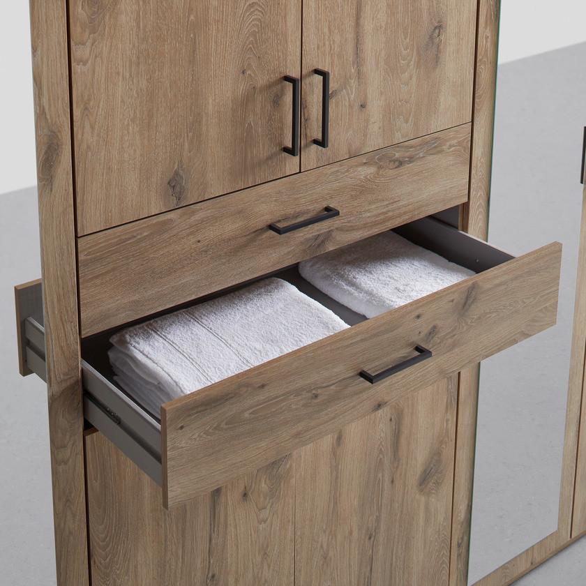 Drehtürenschrank Eichefarben 2 Schubladen Bügelgriffe schwarz Kunststoff 