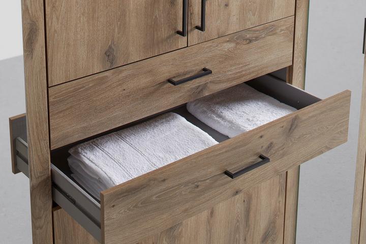 Drehtürenschrank Eichefarben 2 Schubladen Bügelgriffe schwarz Kunststoff